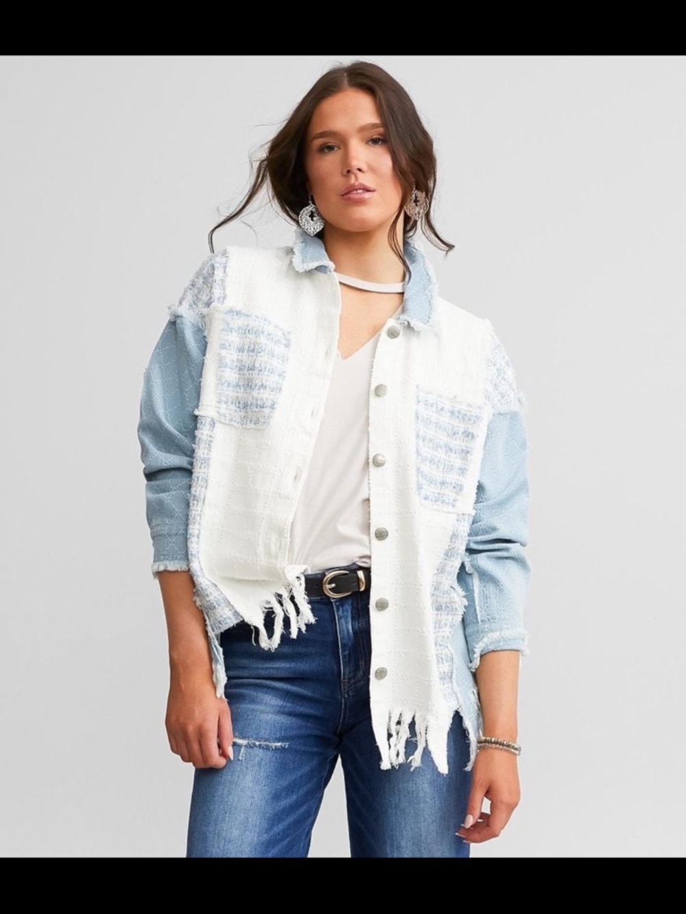 Miss Me Light Blue Denim and White Fringe Patchwork Jacket